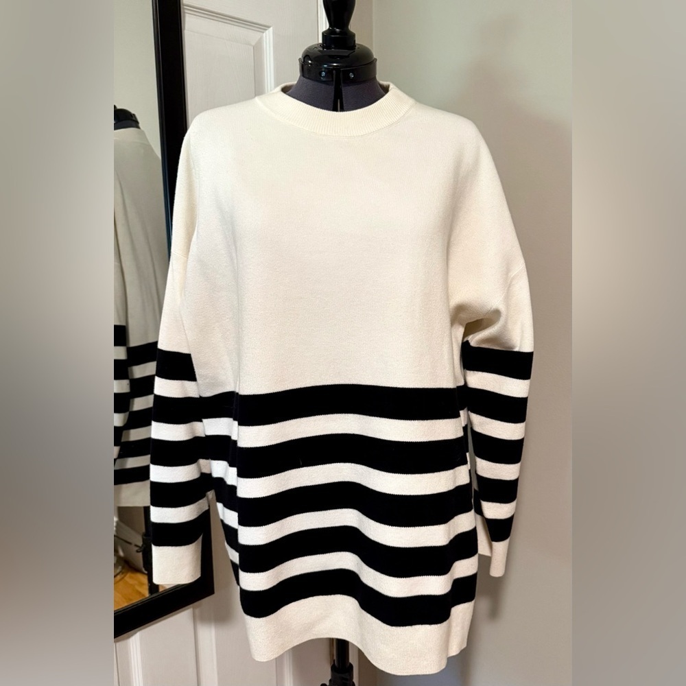 Gently Worn MNG Black and Cream Striped Crew Neck Sweater